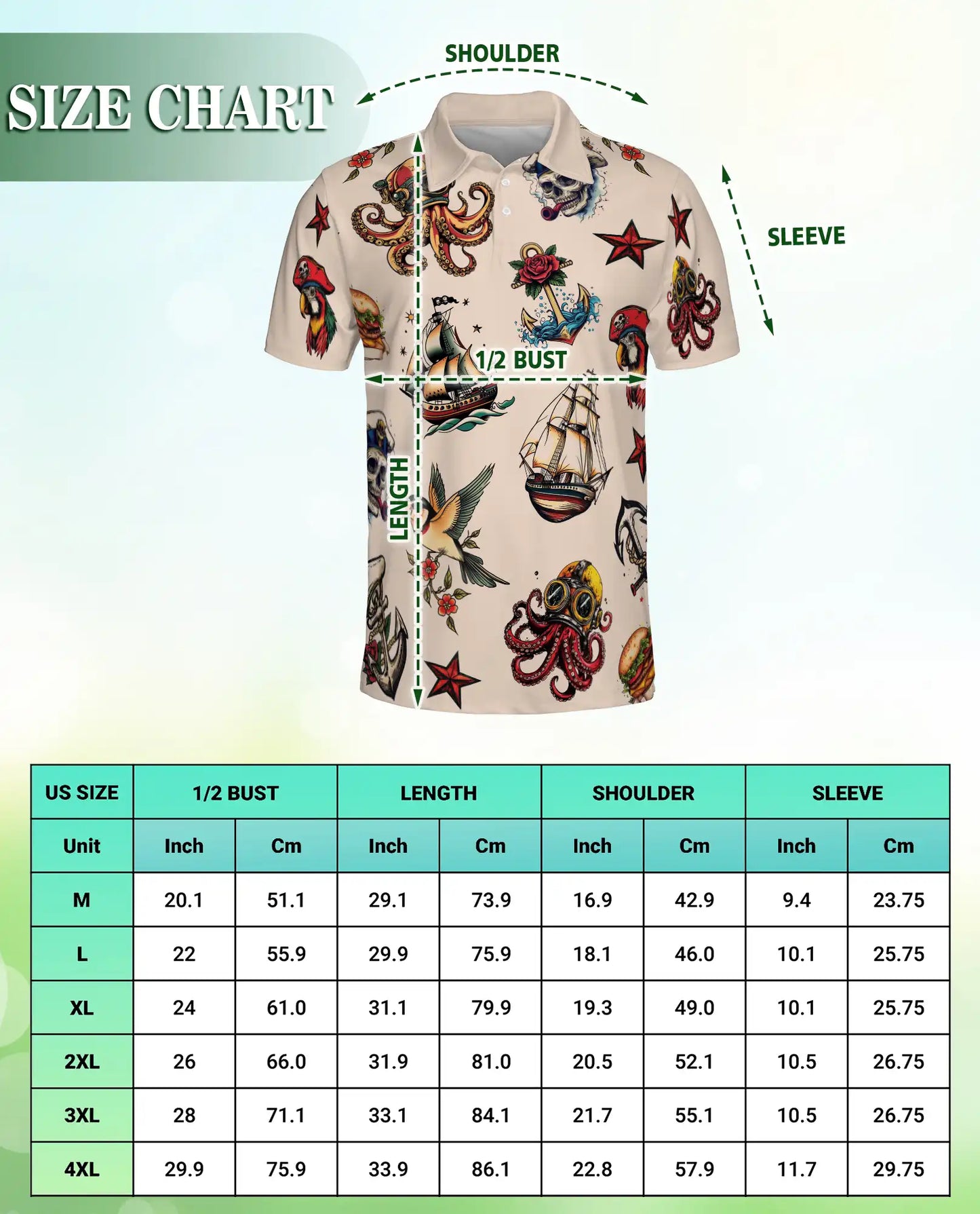 Nautical Tattoo Polo Shirt, Pirate & Octopus Print | Azhawaiian