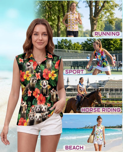Ferrets Tropical Sleeveless Polo Shirt for Women | Azhawaiian