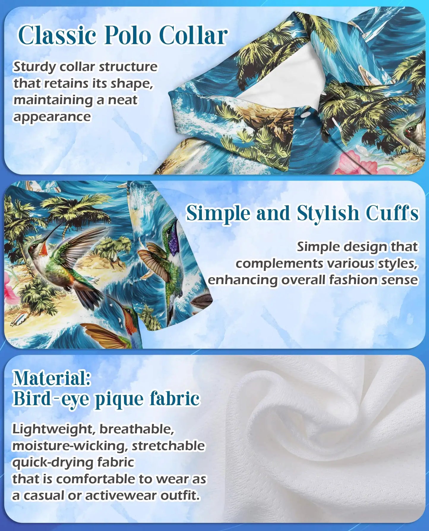 Hummingbird Tropical Polo Shirt, Ocean Wave Print | Azhawaiian
