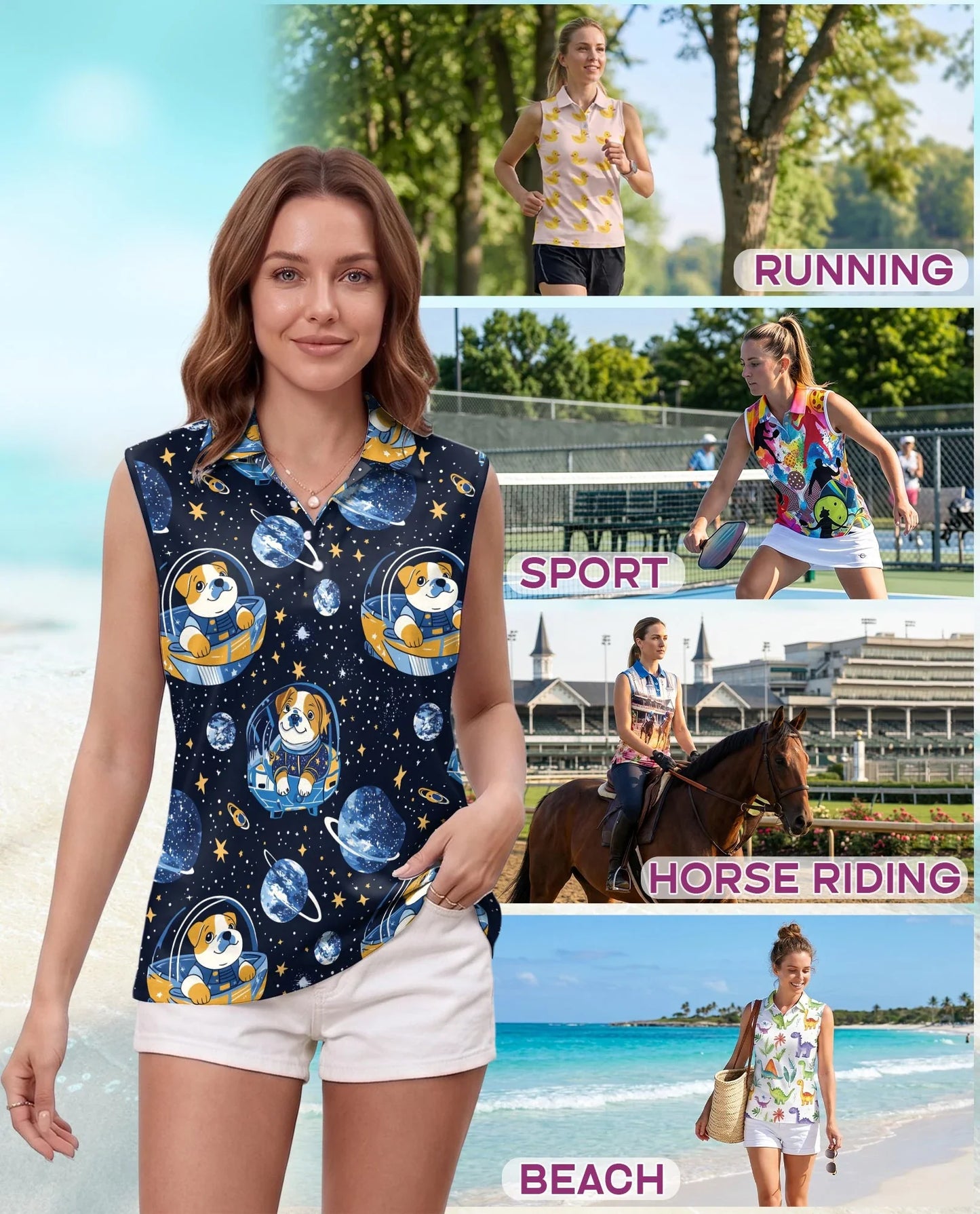 Space English Bulldog Astronaut Sleeveless Polo Shirt for Women | Azhawaiian