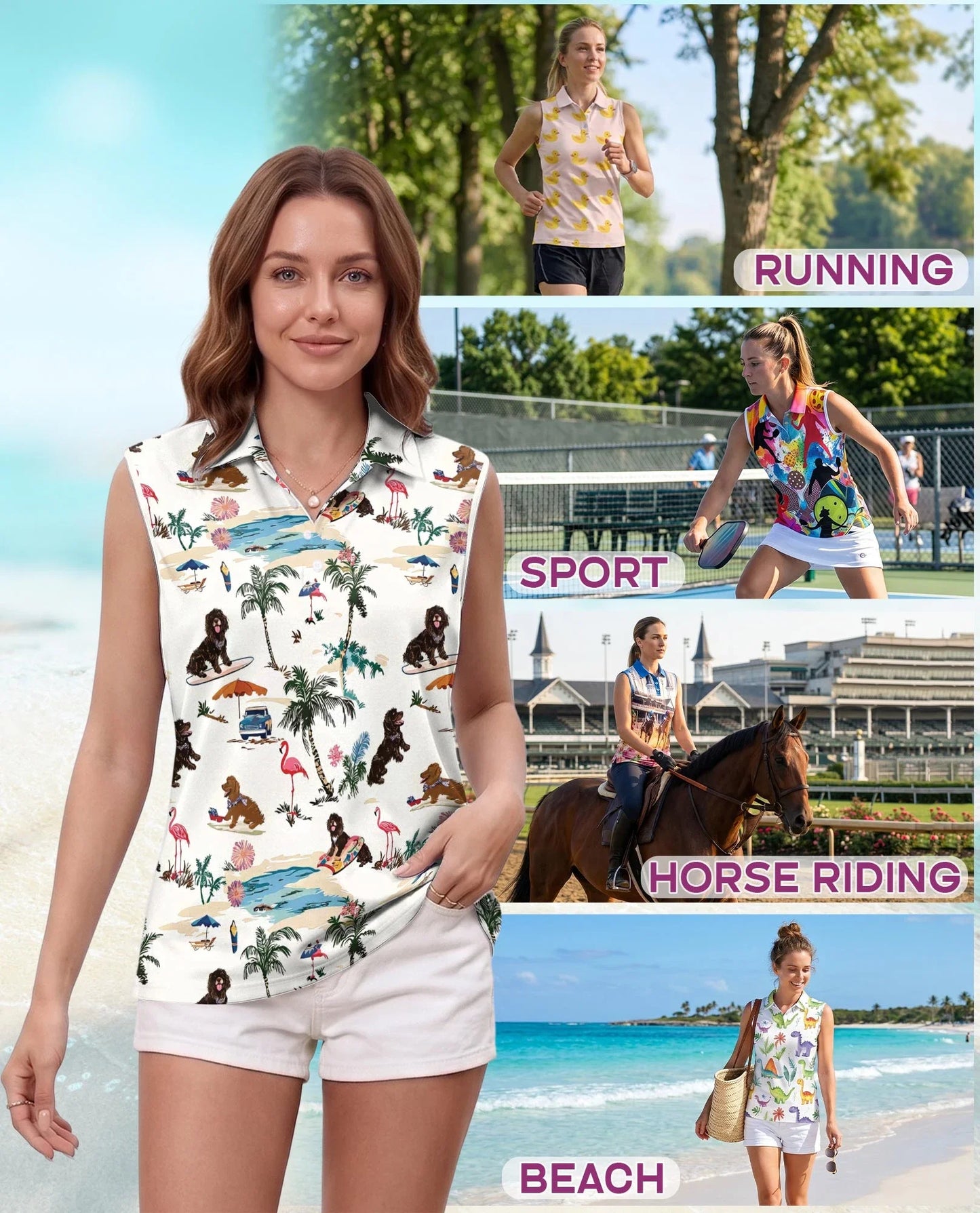 Poodle Beach Surfing Sleeveless Polo Shirt for Women, Cute Dog Summer Style | Azhawaiian