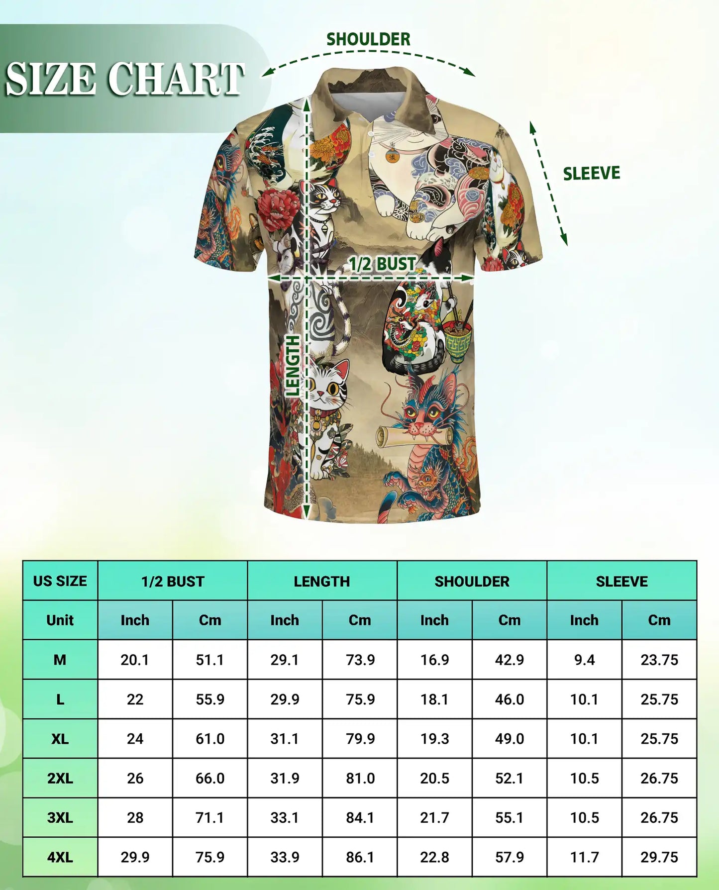 Japanese Tattoo Cat 3D Polo Shirt for Men, Asian Dragon Art Style | Azhawaiian