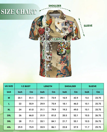 Japanese Tattoo Cat 3D Polo Shirt for Men, Asian Dragon Art Style | Azhawaiian
