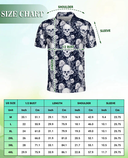 Gothic Skull Floral Hawaiian Polo Shirt | Dark Aesthetic Skull Shirt | Azhawaiian