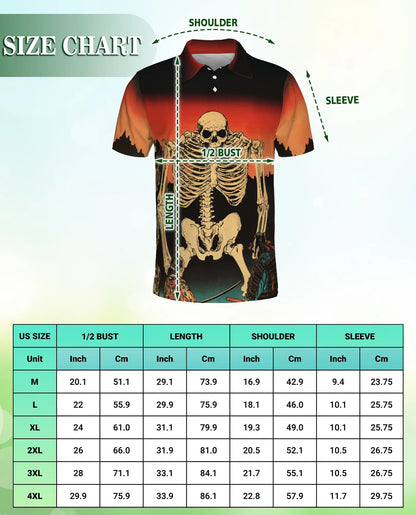 Skeleton Sunset Polo Shirt, Vintage Skull Print | Azhawaiian