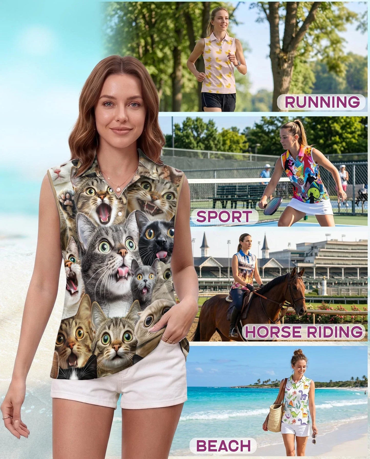 Funny Cat Pattern Sleeveless Polo Shirt for Women | Azhawaiian