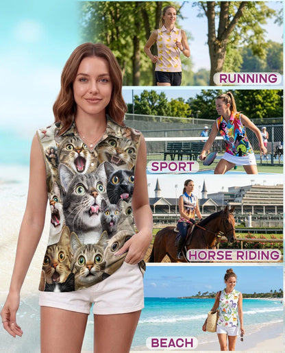 Funny Cat Pattern Sleeveless Polo Shirt for Women | Azhawaiian