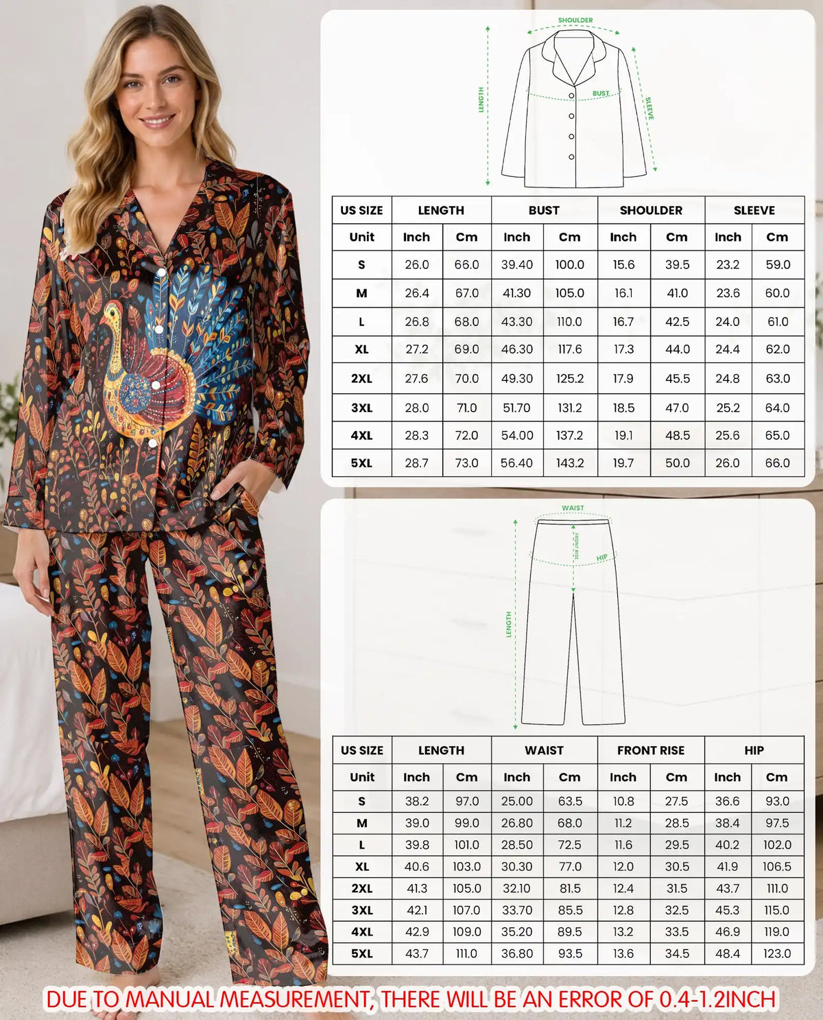Thanksgiving Peacock Pajama Set for Women, Fall Holiday Sleepwear