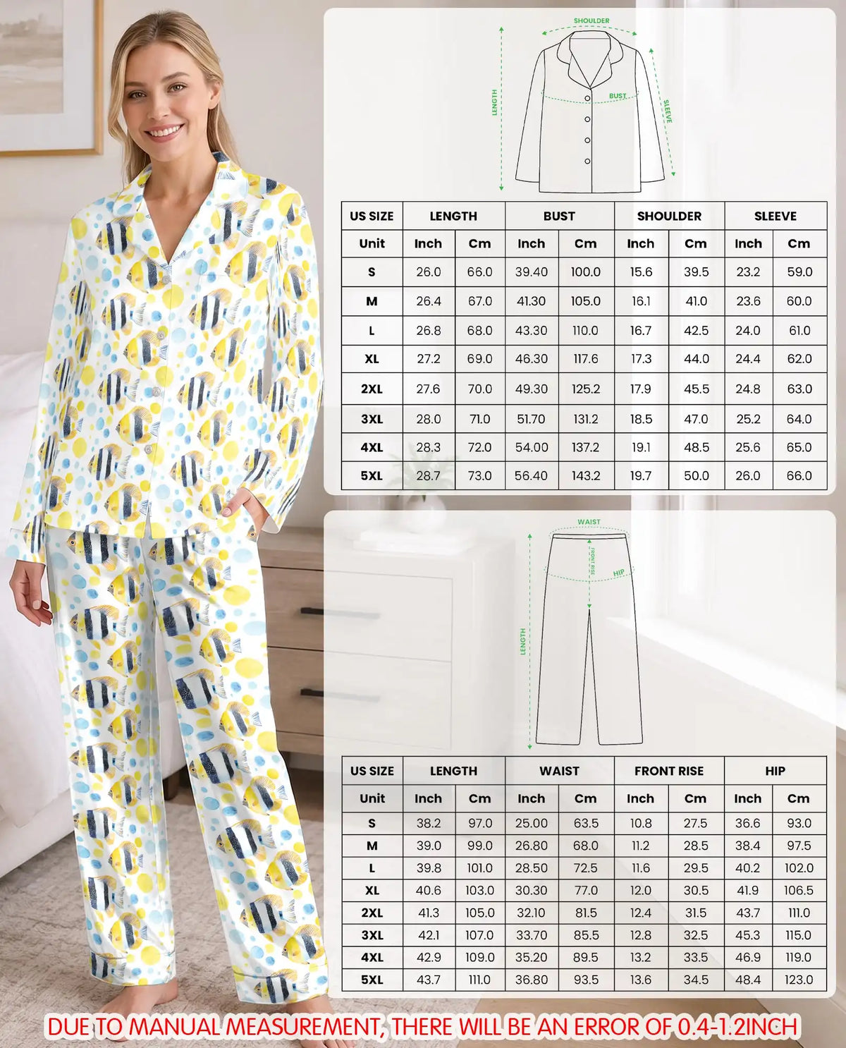 Tropical Fish Pajama Set for Women – Yellow Striped Fish & Blue Polka Dot Print