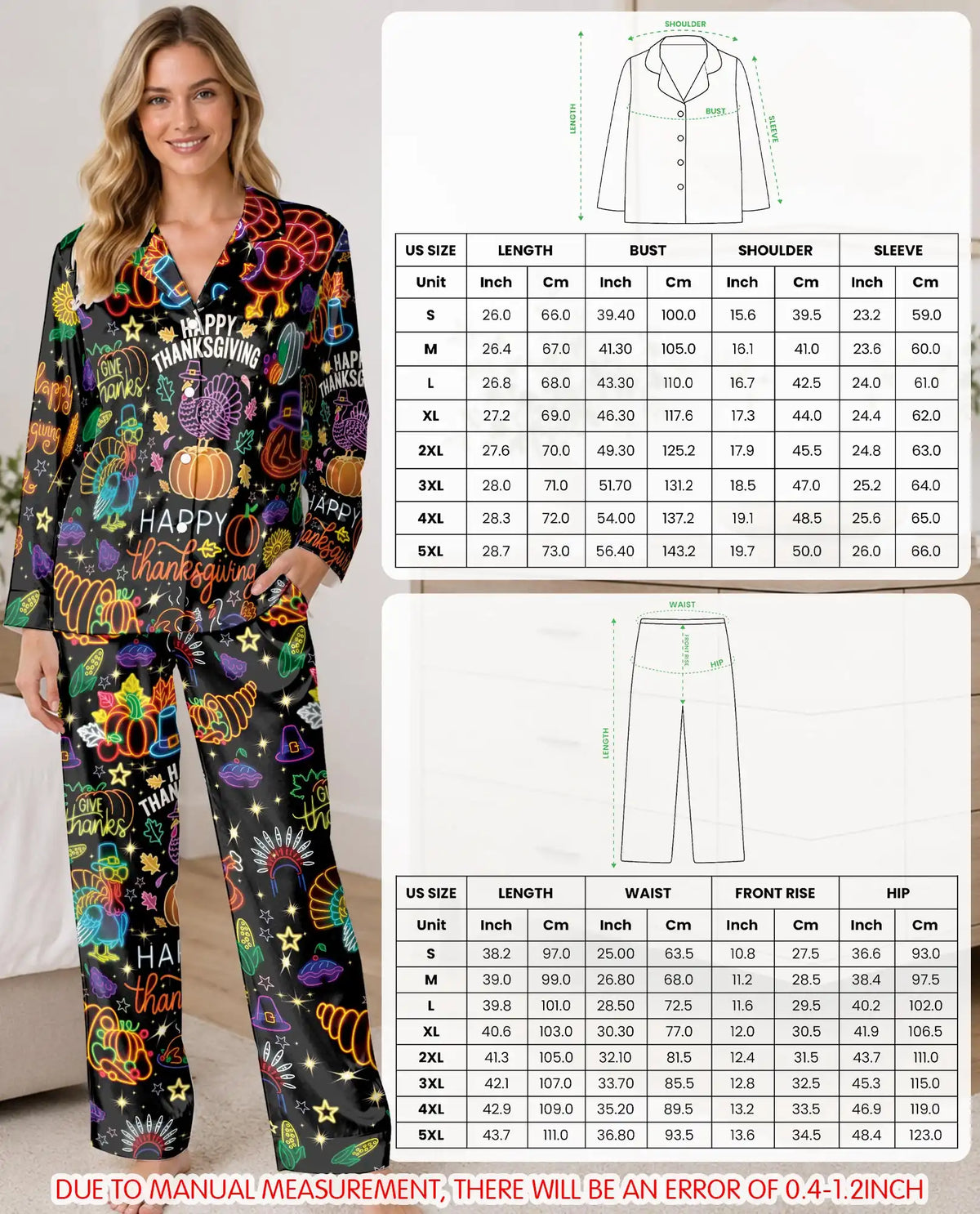 Neon Thanksgiving Pajama Set for Women – Turkey Pumpkin Print