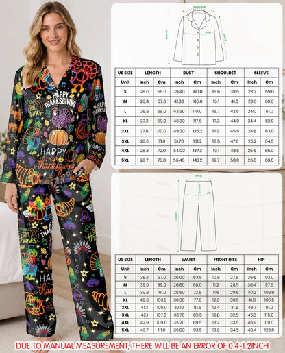 Neon Thanksgiving Pajama Set for Women – Turkey Pumpkin Print