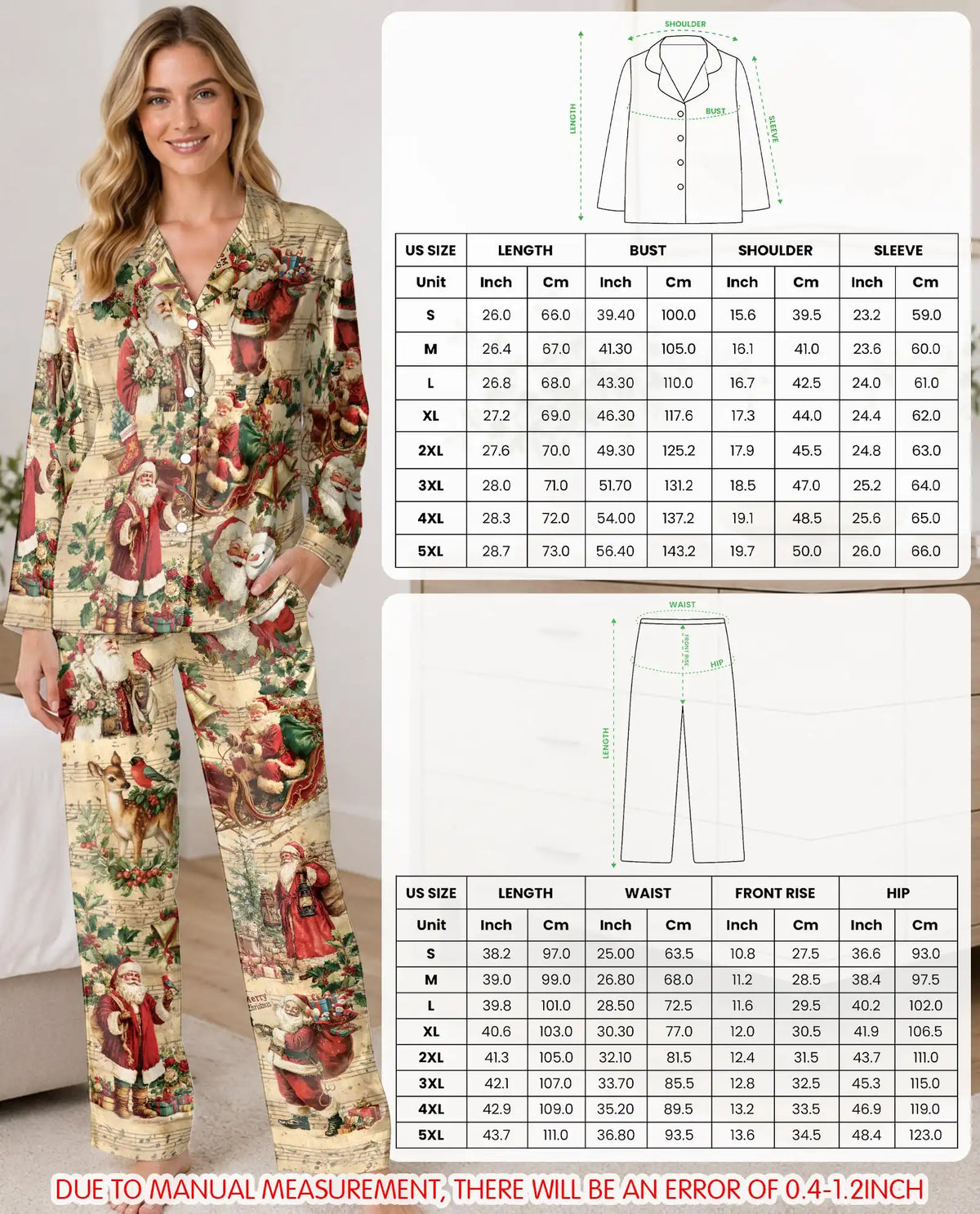Vintage Santa Christmas Pajama Set for Women – Antique Music Sheet Print