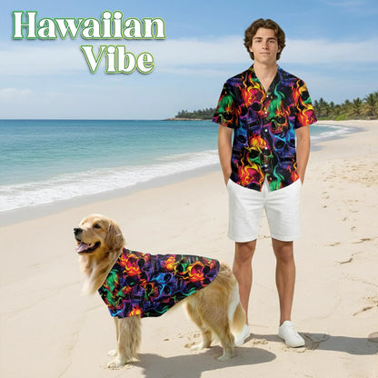 Flame Skull Fire Pattern Matching Dog Owner Hawaiian Shirts, Funny Pet Aloha Shirt for Beach Vacation - Azhawaiian