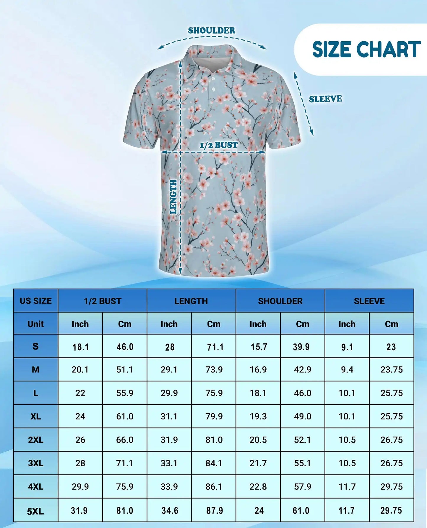 Blue Cherry Blossom Polo Shirt for Men, Spring Floral Style | Azhawaiian