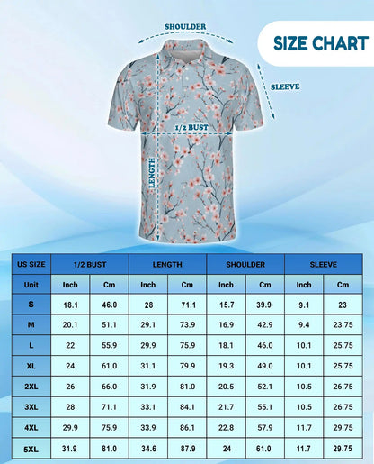 Blue Cherry Blossom Polo Shirt for Men, Spring Floral Style | Azhawaiian