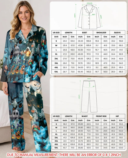 Ghost Halloween Pajama Set for Women, Spooky Pumpkin Holiday Sleepwear