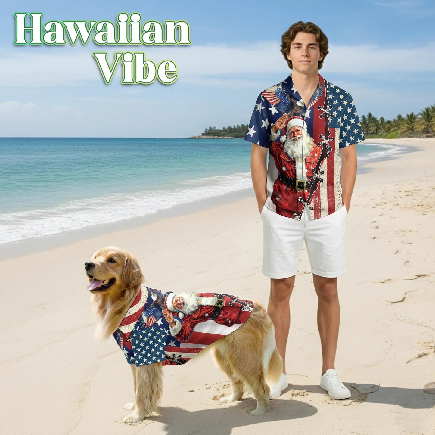 Patriotic American Christmas Santa Print Matching Dog Owner Hawaiian Shirts, Funny Pet Aloha Shirt for Beach Vacation - Azhawaiian