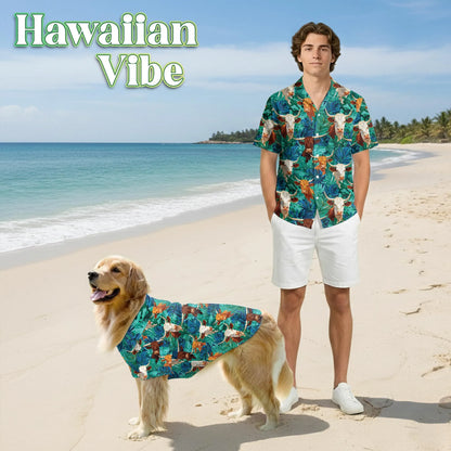 Texas Longhorn Cattle Tropical Leaf Print Matching Dog Owner Hawaiian Shirts, Funny Pet Aloha Shirt for Beach Vacation - Azhawaiian