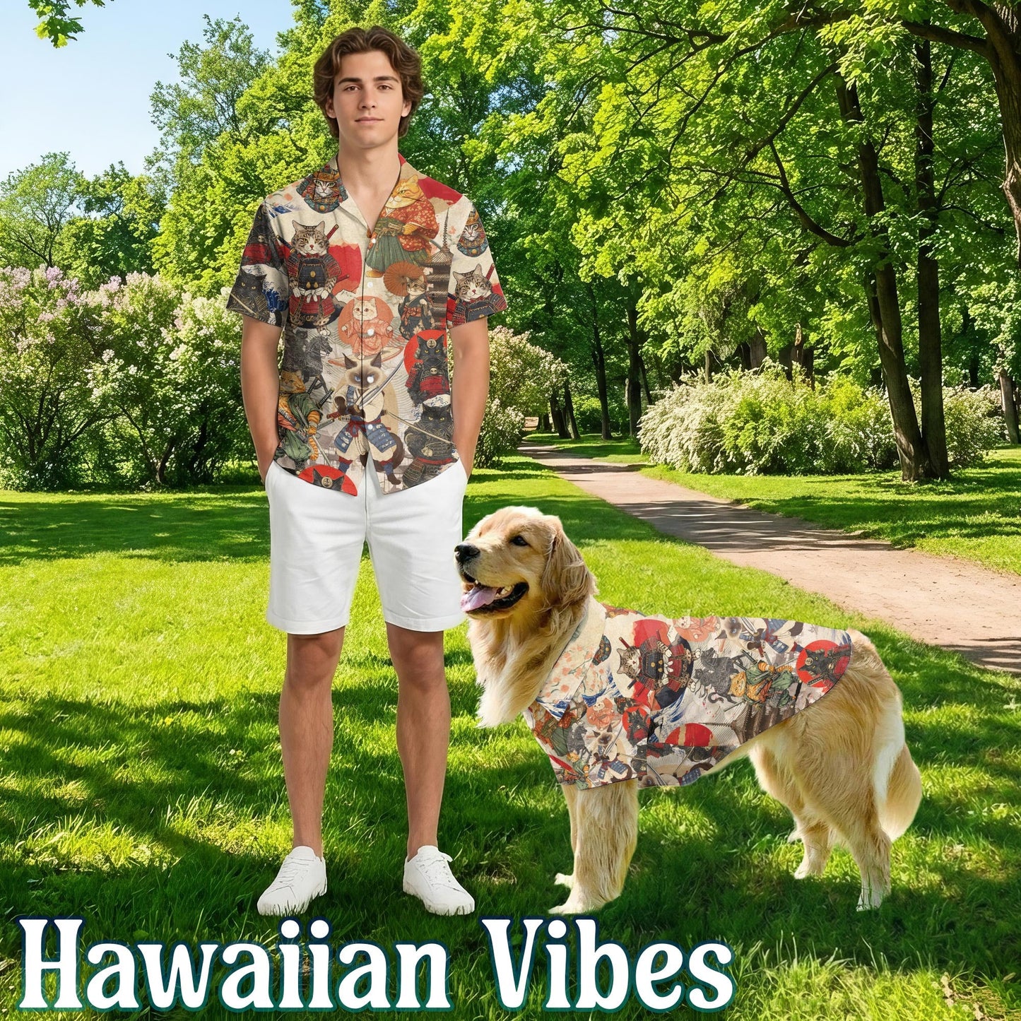 Japanese Samurai Cat Matching Dog Owner Hawaiian Shirts, Funny Pet Aloha Shirt for Beach Vacation - Azhawaiian