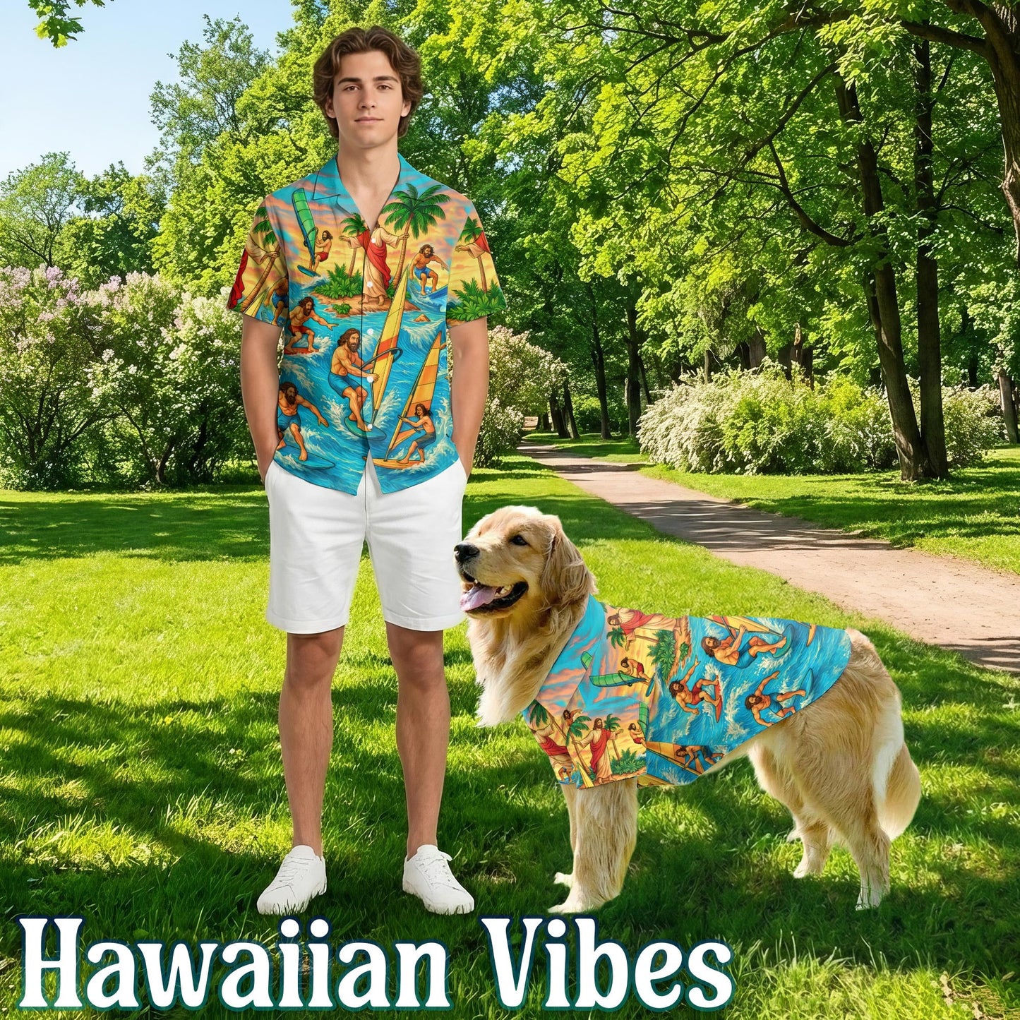 Jesus Surfing Matching Dog Owner Hawaiian Shirts, Funny Pet Aloha Shirt for Beach Vacation - Azhawaiian