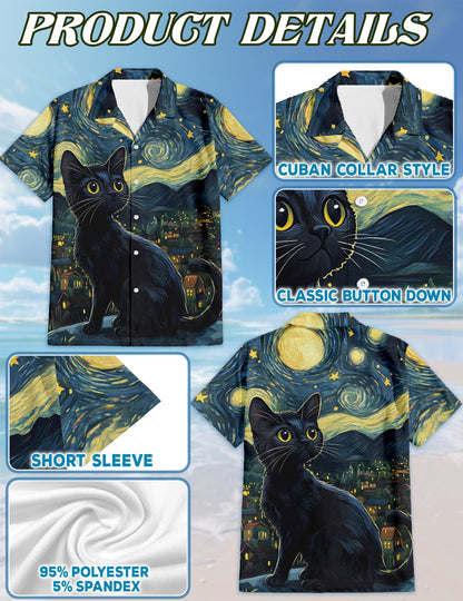 Starry Night Cat Hawaiian Shirt for Men, Button Down Aloha Shirt - Azhawaiian