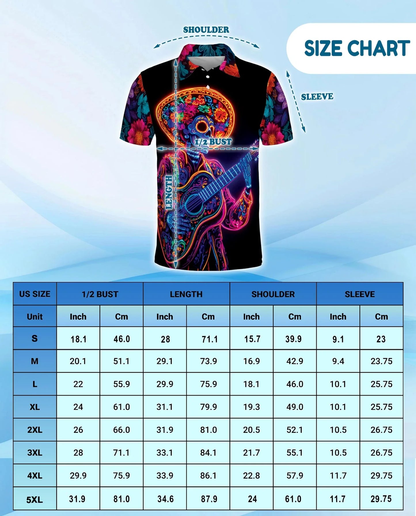 Day of the Dead Skeleton Guitar Polo Shirt for Men, Rock Skull Style | Azhawaiian