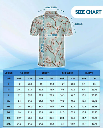 White Cherry Blossom Polo Shirt for Men, Spring Floral Style | Azhawaiian