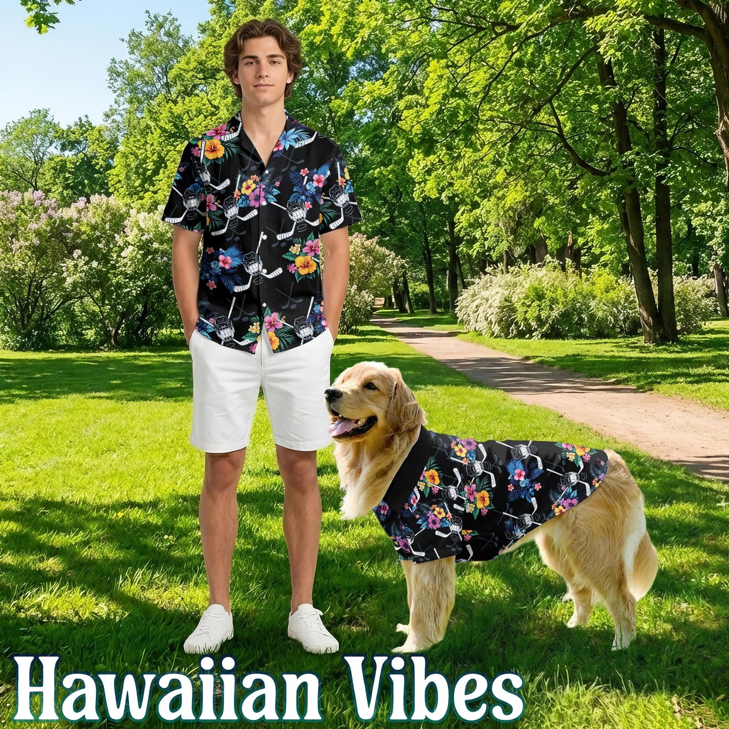 Tropical Hockey Matching Dog Owner Hawaiian Shirts, Funny Pet Aloha Shirt for Beach Vacation - Azhawaiian