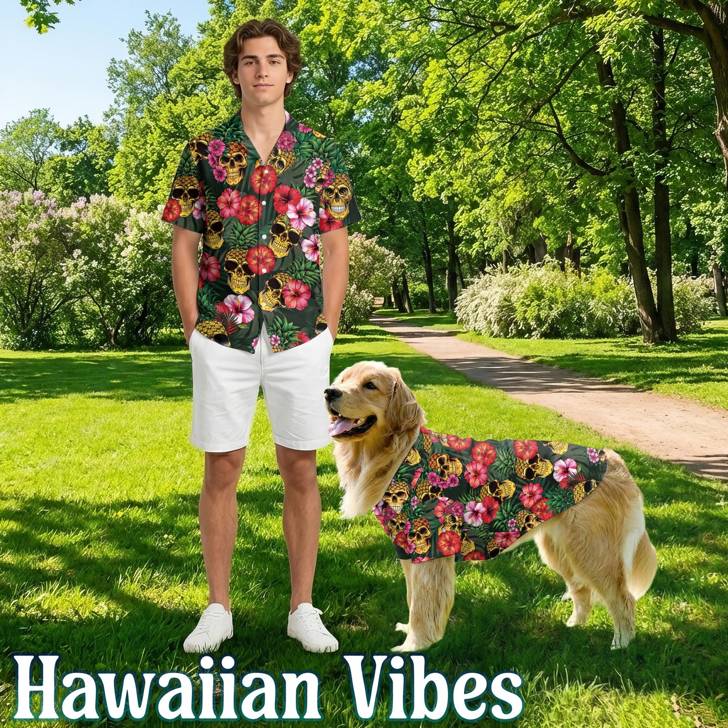 Pineapple Skull Hibiscus Matching Dog Owner Hawaiian Shirts, Funny Pet Aloha Shirt for Beach Vacation - Azhawaiian