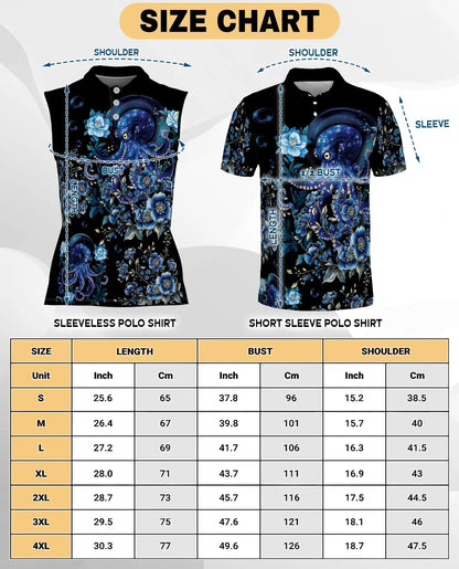 Blue Octopus Floral Sleeveless Polo Shirt for Women, Ocean Tropical Style | Azhawaiian