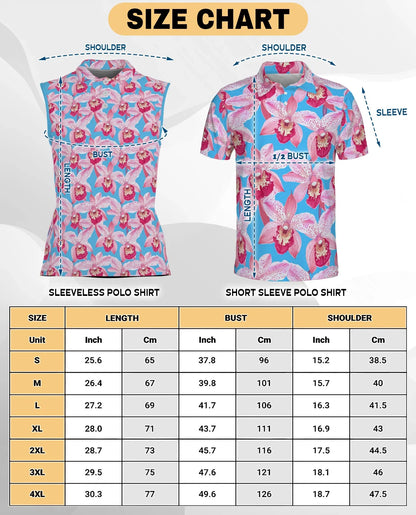 Pink Orchids Blue Sky Sleeveless Polo Shirt for Women, Tropical Floral Style | Azhawaiian