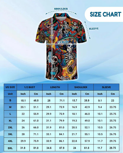 Colorful Skeleton Guitar Polo Shirt for Men, Musical Skull Design | Azhawaiian