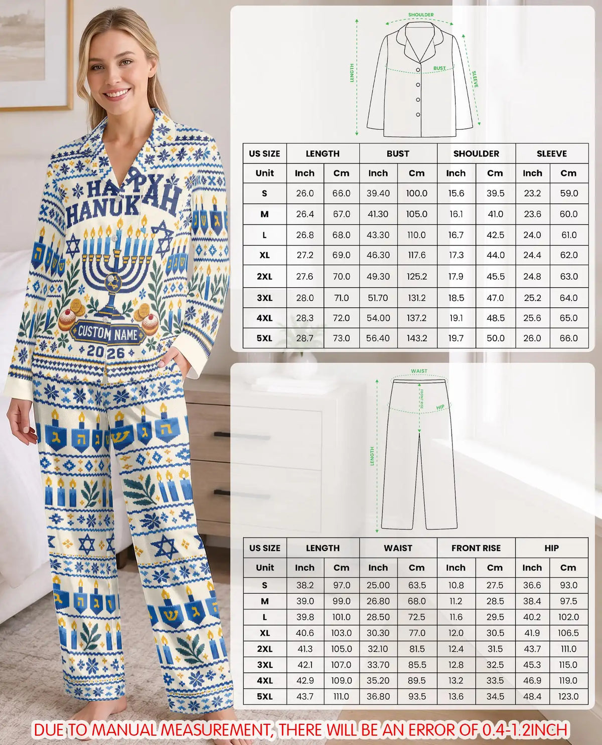Personalized Hanukkah Pajama Set for Women – Custom Name & Year Menorah Print