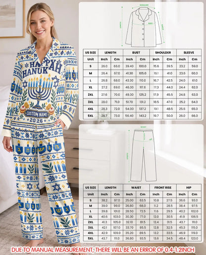 Personalized Hanukkah Pajama Set for Women – Custom Name & Year Menorah Print