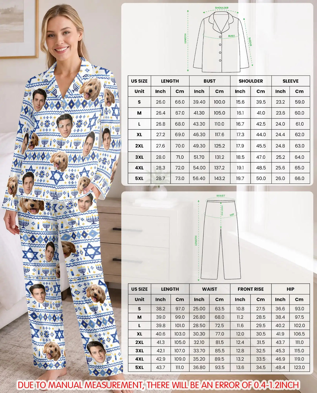 Personalized Hanukkah Photo Pajamas for Women – Custom Face & Pet Diamond Fair Isle