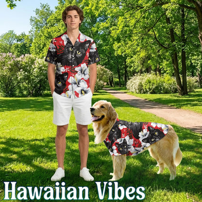 Black Cat Tropical Beach Matching Dog Owner Hawaiian Shirts, Funny Pet Aloha Shirt for Beach Vacation - Azhawaiian
