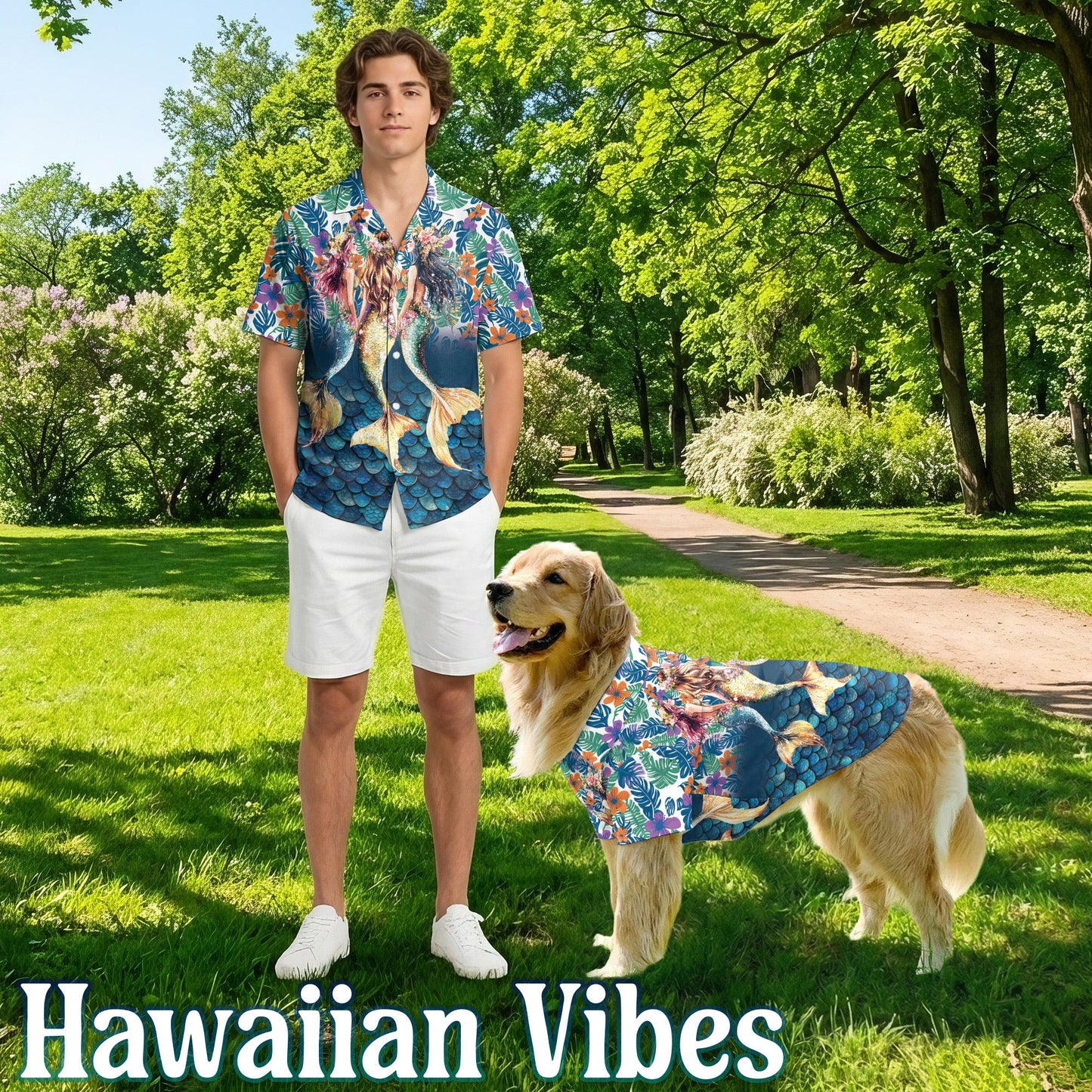 Mermaid Matching Dog Owner Hawaiian Shirts, Funny Pet Aloha Shirt for Beach Vacation - Azhawaiian