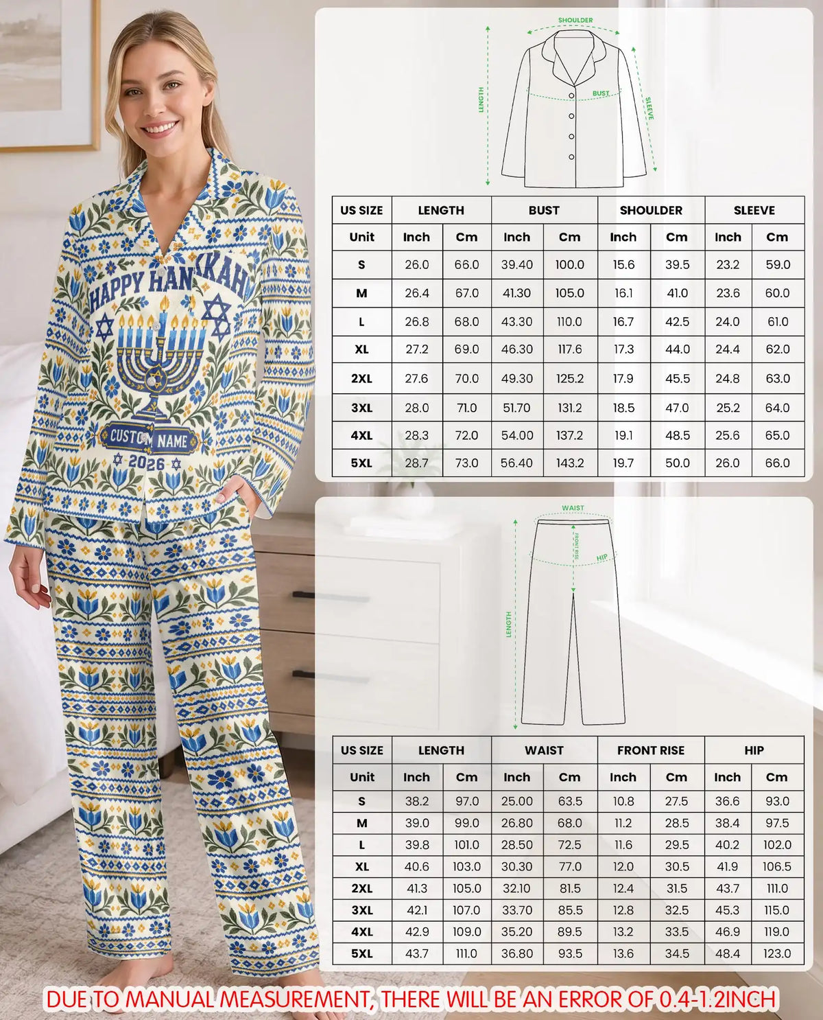 Personalized Floral Hanukkah Pajama Set for Women – Custom Name & Year Menorah Print