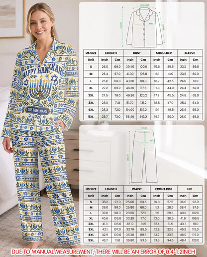 Personalized Floral Hanukkah Pajama Set for Women – Custom Name & Year Menorah Print