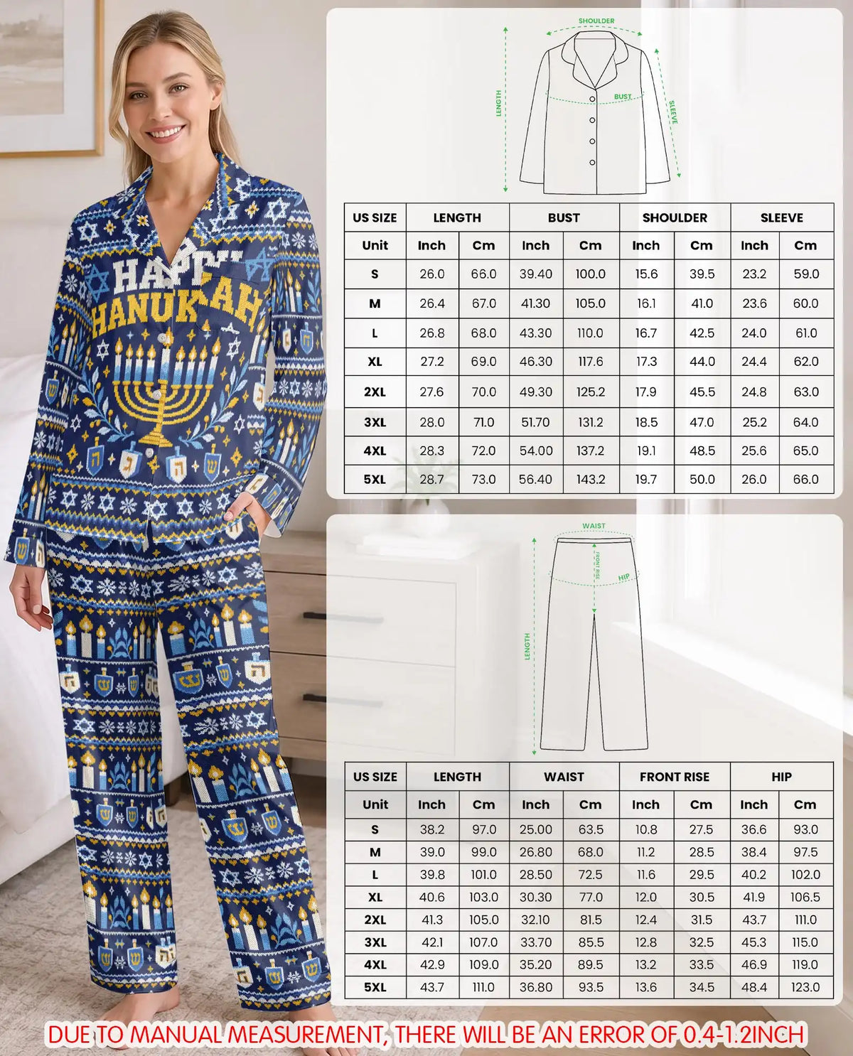 Happy Hanukkah Pajama Set for Women – Navy Blue Menorah & Fair Isle Print