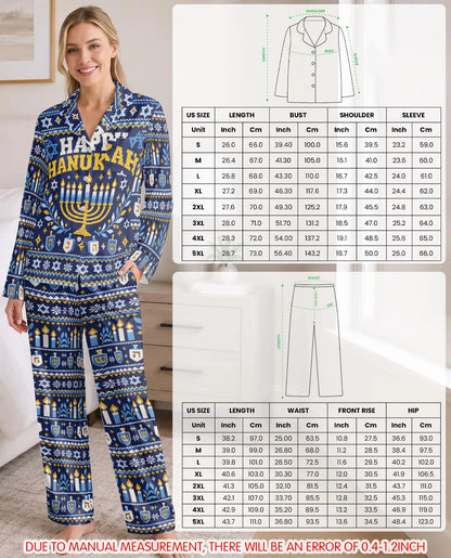 Happy Hanukkah Pajama Set for Women – Navy Blue Menorah & Fair Isle Print