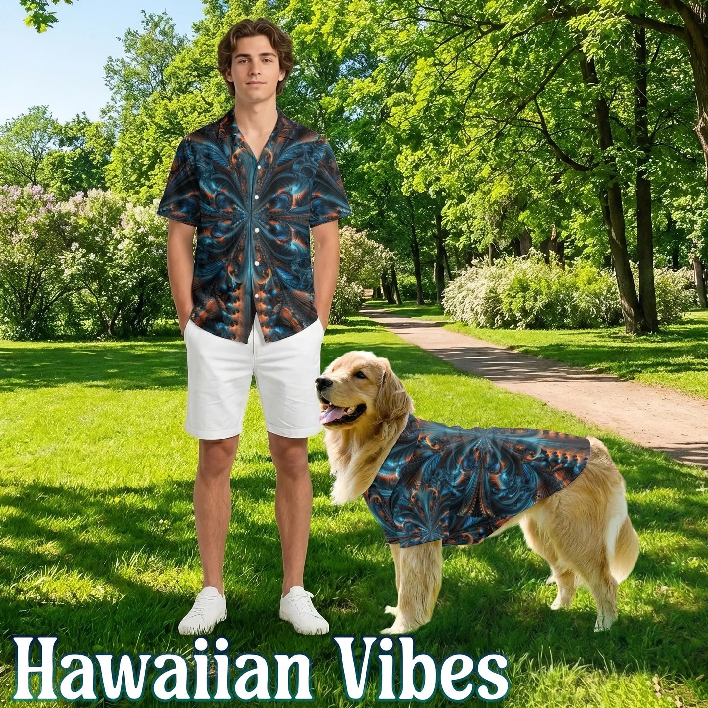 Abstract Fractal Geometric Summer Beach Matching Dog Owner Hawaiian Shirts, Pet Aloha Shirt - Azhawaiian
