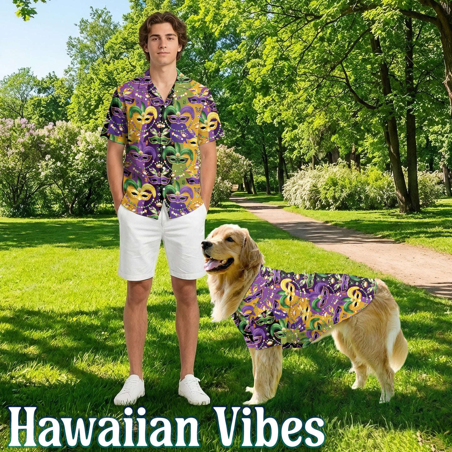 Mardi Gras Mask Matching Dog Owner Hawaiian Shirts, Funny Pet Aloha Shirt for Beach Vacation - Azhawaiian