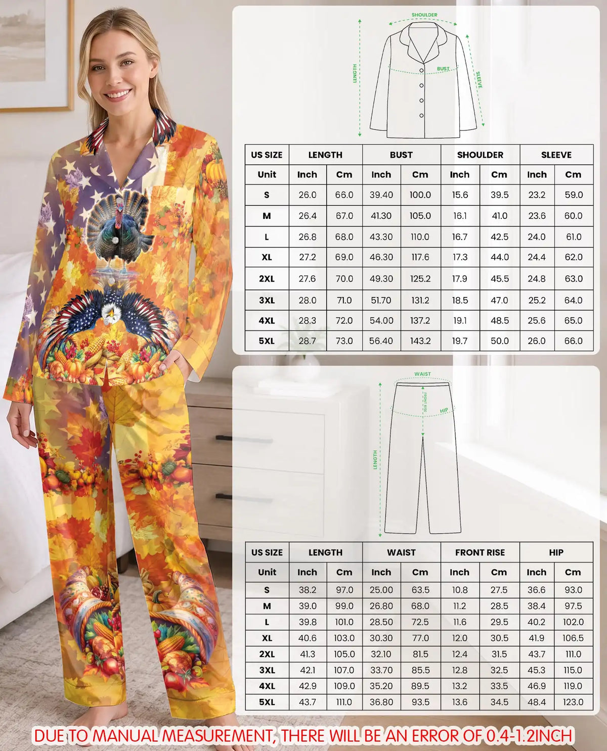 Thanksgiving Turkey Pajama Set for Women, Fall Harvest Holiday Sleepwear