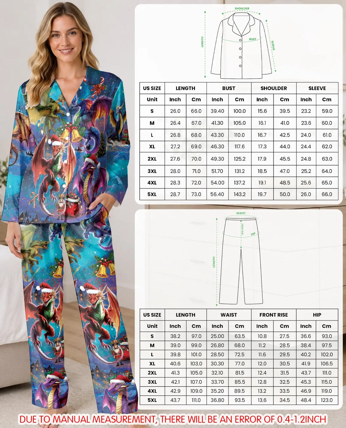 Fantasy Christmas Dragon Pajama Set for Women – Santa Hat Print