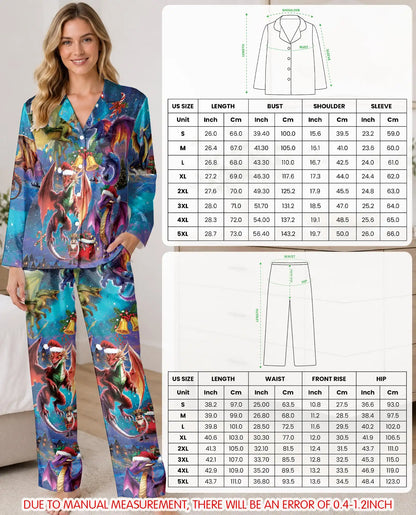 Fantasy Christmas Dragon Pajama Set for Women – Santa Hat Print