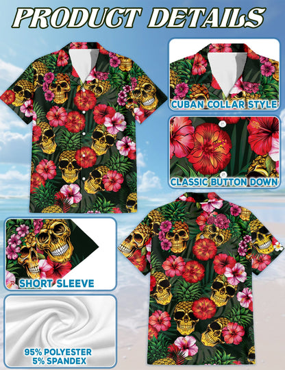 Pineapple Skull Hibiscus Matching Dog Owner Hawaiian Shirts, Funny Pet Aloha Shirt for Beach Vacation - Azhawaiian