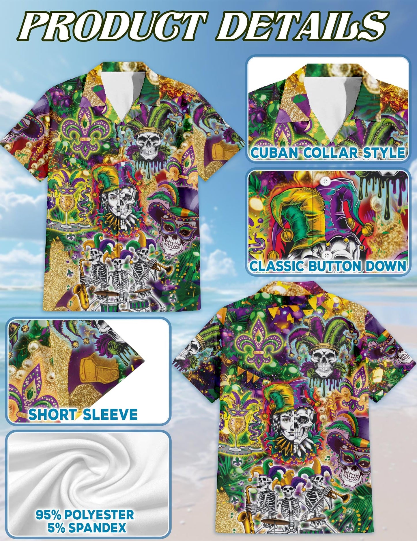 Skulls Mardi Gras Matching Dog Owner Hawaiian Shirts, Funny Pet Aloha Shirt for Beach Vacation - Azhawaiian
