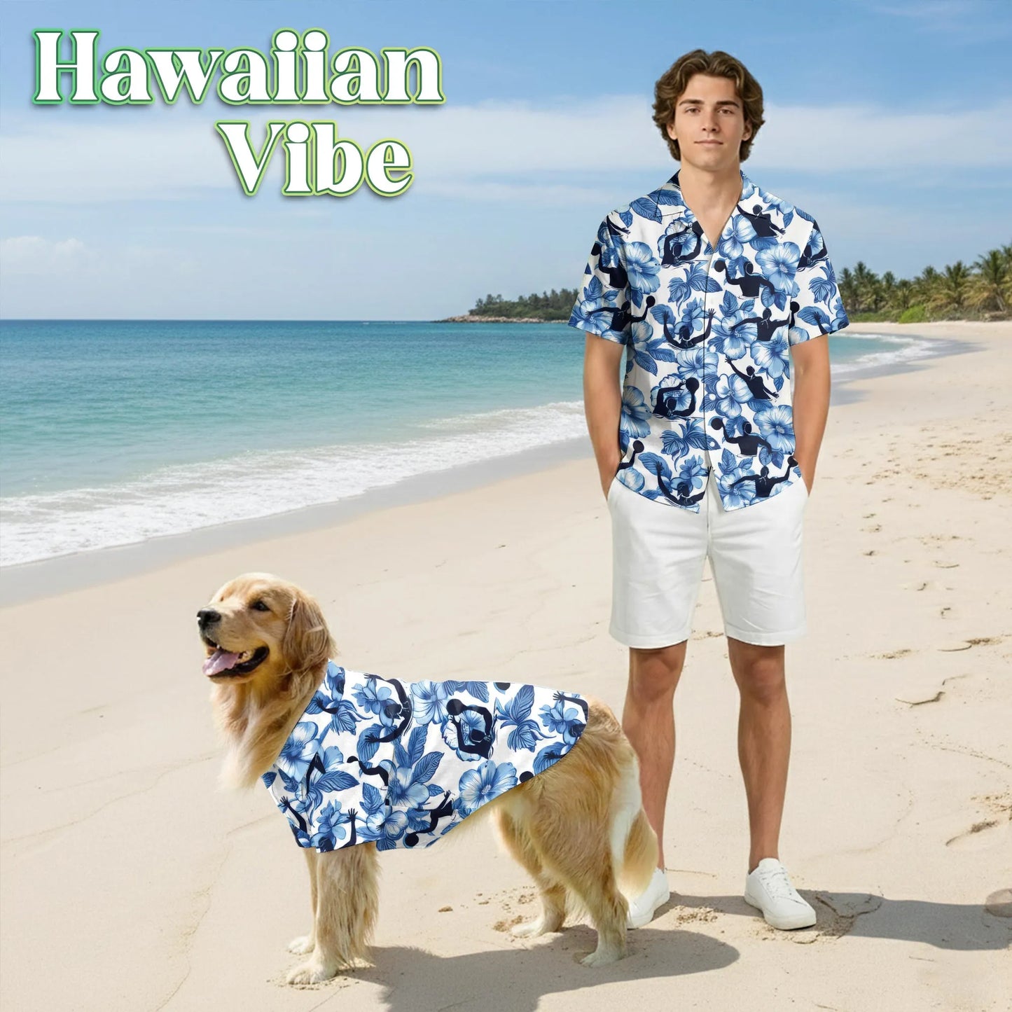 Water Polo Tropical Hibiscus Print Matching Dog Owner Hawaiian Shirts, Funny Pet Aloha Shirt for Beach Vacation - Azhawaiian