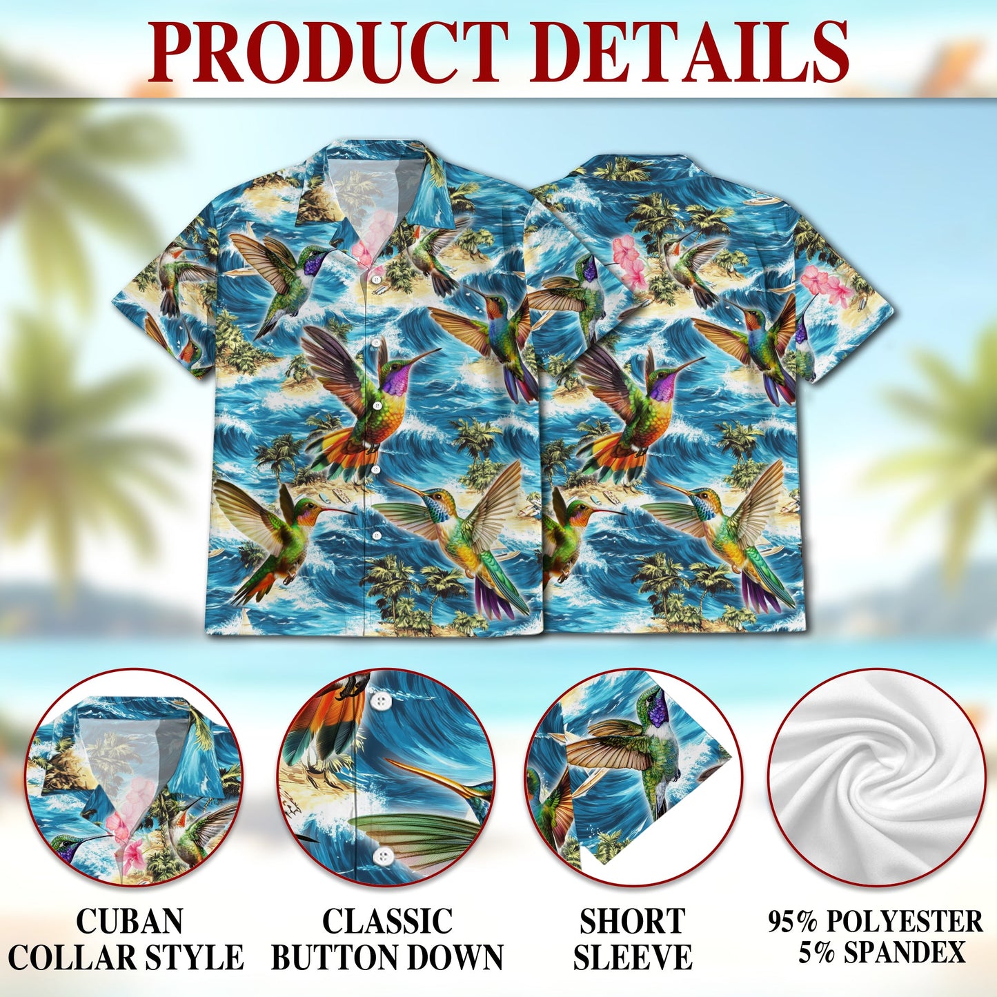 Tropical Hummingbird Hawaiian Shirt for Men, Button Down Aloha Shirt - Azhawaiian